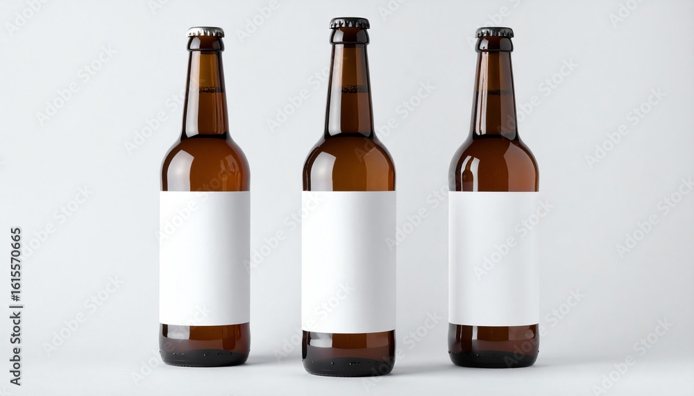 Poster three beer bottles with blank labels for custom graphic design mock-up in professional studio enviro
