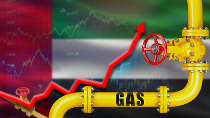 Gas pipeline with United Arab Emirates flag in background. Increase in gas production with United Arab Emirates flag, Concept