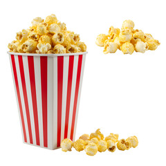 Delicious Popcorn Pile In Red And White Striped Container Isolated On Transparent Background