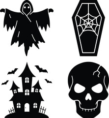 Fototapeta premium A set of halloween vector icons featuring a ghost, a coffin, a skull, and a haunted house isolated on white background