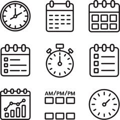 Obraz premium Time Management Icons Set Outline Vector Collection of Planning, Task Duration, Productivity Scheduling, Time Blocking, Time Tracker, and Workday Progress
