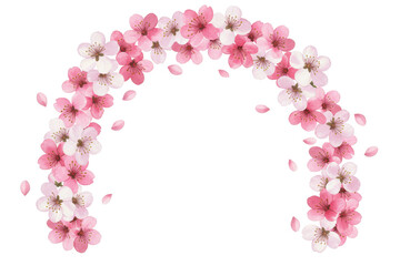 Obraz premium Watercolor illustration of cherry blossoms, spring arched frame with falling petal cut out