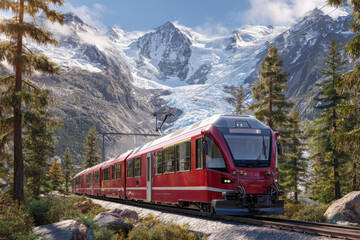 Obraz premium Majestic red electric train gliding through snowy mountains and lush forests in a breathtaking alpine landscape