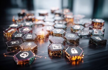 Abstract digital honeycomb icons, glowing, interconnected