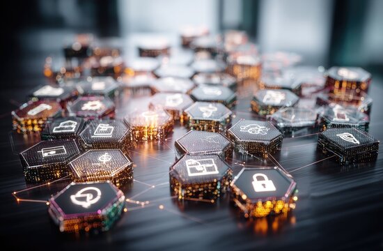 Abstract digital honeycomb icons, glowing, interconnected