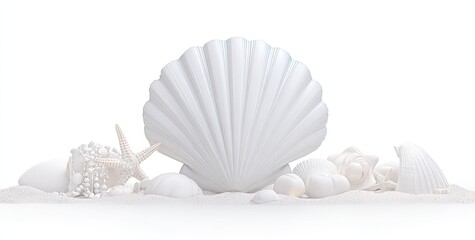 White seashells and starfish on sand