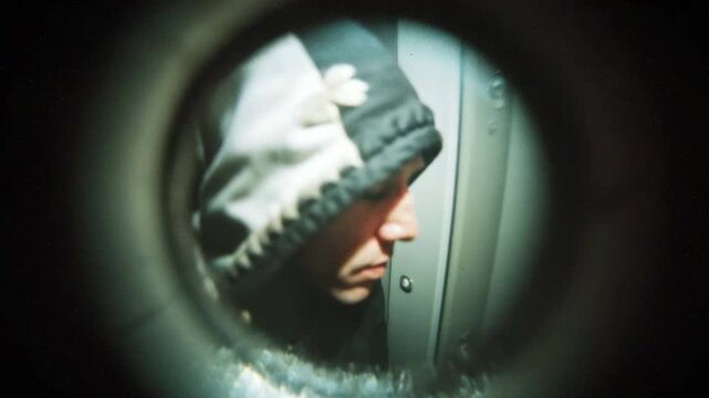 Scary dangerous person silhouette viewed through peephole. Privacy, security, curiosity. Suspicious neighbor peeping looking door peep hole. Thief, criminal looking closely, planning crime.