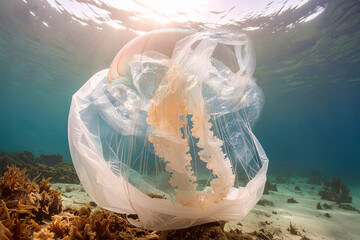 Some jellyfish in the sea among abandoned plastic waste.