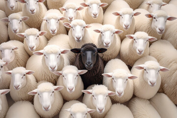 A black sheep among a flock of white sheep.