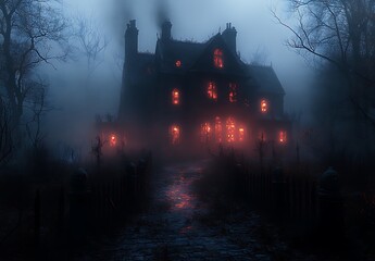 Dark Victorian mansion with glowing windows in foggy forest at night haunted house spooky