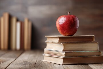 Books on a wooden table for reading topped with a red apple selective focus