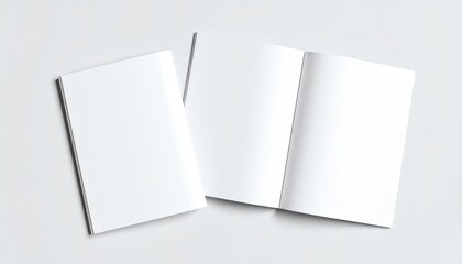 Blank white pages on a clean white background for print design mockups and creative layout presentations