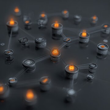 Abstract network of interconnected cylindrical objects, highlighted with glowing orange accents, on a dark reflective surface