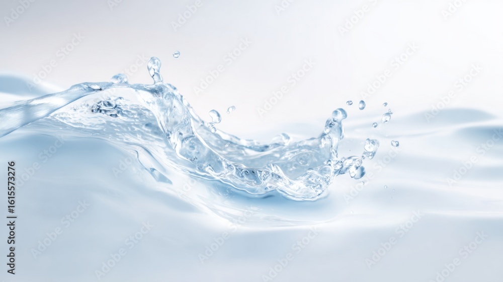 Poster dynamic splash of translucent, shimmering water captured in a moment of fluid motion against a pale 