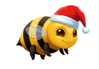 Cute Christmas Bee Cartoon Illustration With Santa Hat And Transparent Background