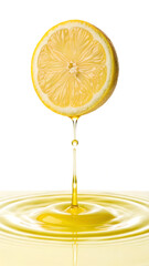 Artistic splash shot of lemon dropping into olive oil, isolated on white