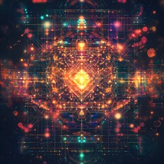 Abstract design with glowing geometric patterns.