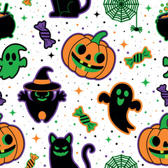 Seamless Halloween pattern with cute pumpkin, ghosts, black cat, candy and spiderweb. Ideal for kids fabric, wrapping paper, party supplies, packaging, and seasonal decor.