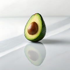 Minimalist style photo of single avocado with reflection on glossy white surface