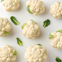 Overhead photo of fresh cauliflower scattered randomly on white background