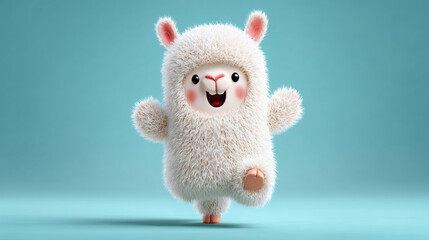 Fototapeta premium Cute alpaca cartoon, A joyful 3D cartoon of a fluffy alpaca running, perfect for playful and whimsical imagery.