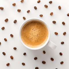 Overhead photo of fresh cup of coffee scattered randomly on white background