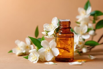 Bottle of essential oil with elegant jasmine blossoms on a light background