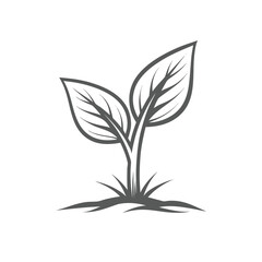 Simple grey outline of a sprouting plant with two leaves on a white background growth seedling