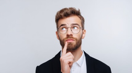 Bearded man with glasses in suit thinking hard, looking up with finger to chin. Intellectual contemplation.