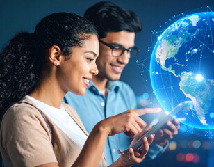 Two individuals interact with a tablet and digital Earth hologram, symbolizing global connectivity, futuristic technology, and collaborative data analysis in a smart digital environment