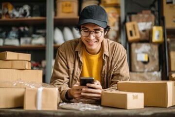 Young man running an e commerce business via smartphone Seller managing orders and packing for seasonal sales