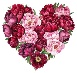 Obraz premium PNG A heart-shaped arrangement of burgundy peonies flowers illustration pattern.