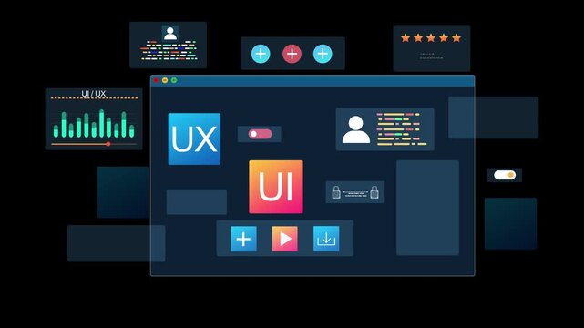 UX-UI design web and user design development.Holographic UIUX, display icons of UX-UI designer, creative planning, data visualization. Web design, application design,coding develop.	