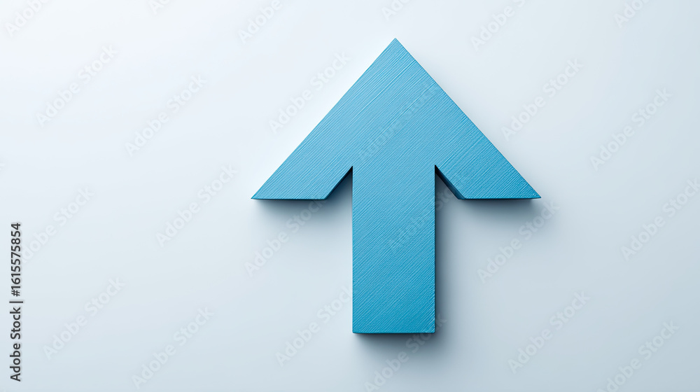 Poster blue arrow pointing upward on white background with shadow