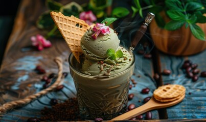 Delicious green ice cream with waffle flowers and coffee beans on wooden table