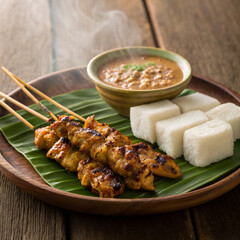 Realistic photo of Indonesian chicken satay with peanut sauce and rice cakes