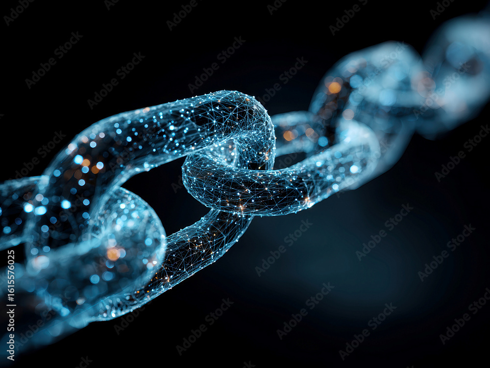 Poster digital chain with glowing links against a black background, symbolizing technology connectivity and