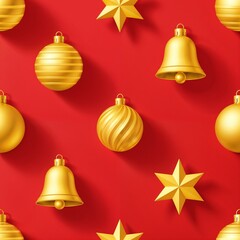 Golden Christmas ornaments for festive celebrations. Golden Christmas decorations include bells and stars arranged beautifully on solid bright red backdrop.