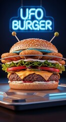 Unique UFO burger on a tray presents a futuristic dining experience. UFO burger features creative design, inviting customers to savor its intergalactic flavors.