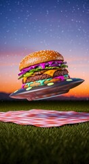 Flying burger served on UFO in outdoor setting, presenting a unique visual. Flying burger floats above picnic blanket against backdrop of cosmic twilight, blending humor with culinary surprise.