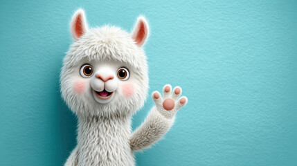 Fototapeta premium Cute alpaca cartoon, Cheerful 3D cartoon of a waving alpaca, perfect for fun and playful illustrations.