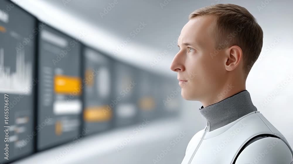 Poster analytical gaze: a focused individual observes detailed data on interactive screens in a futuristic 