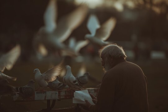 Elderly man feeds pigeons in a park during golden hour, showcasing tranquility and connection with nature