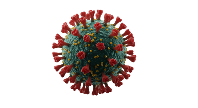Detailed 3D Render Illustration Of A Coronavirus Cell With Red Spikes On Black Background