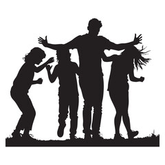 silhouette of a father moving dynamically with his kids