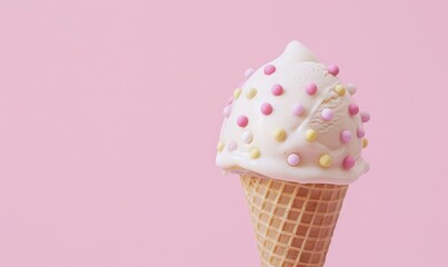 Delicious ice cream cone with sprinkles on pink background close up