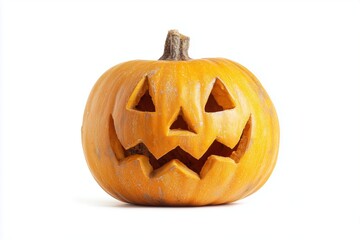 "Isolated Jack-o'-Lantern Close-Up": Detailed studio shot of a carved pumpkin on a pure white background