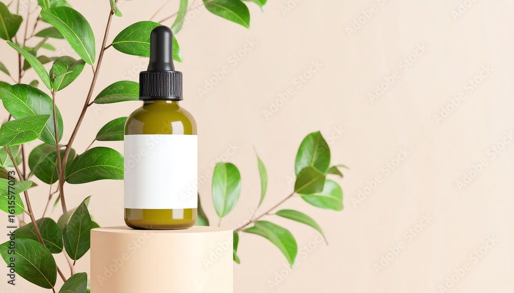 Poster a modern bottle of liquid presented on a table surrounded by a minimalist environment for effective 