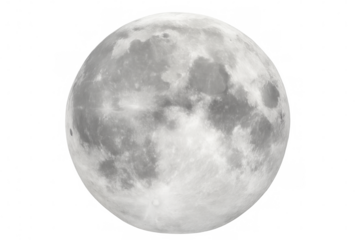 Photorealistic full moon rendering, showcasing intricate lunar surface details against transparent background, ideal for cosmic-themed graphic designs