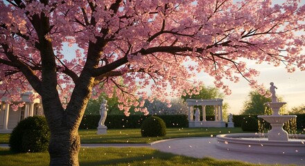 Naklejka premium Romantic concept of a serene spring garden with a blooming cherry tree, falling blossoms, a classical fountain, and warm sunlight.